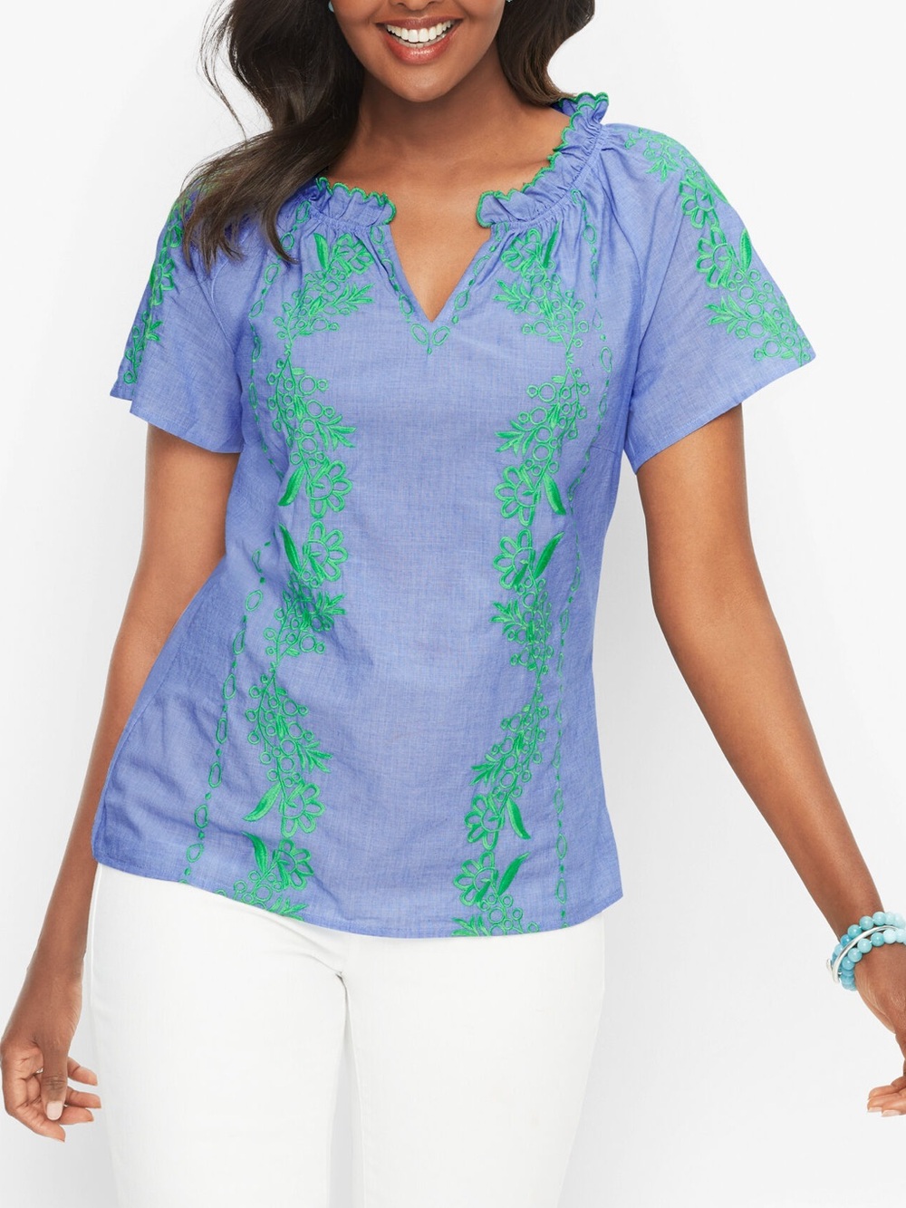 Talbots Blue Short-Sleeve Embroidered Peasant Blouse with Green Accents
